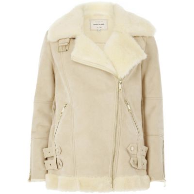 Cream faux suede aviator jacket